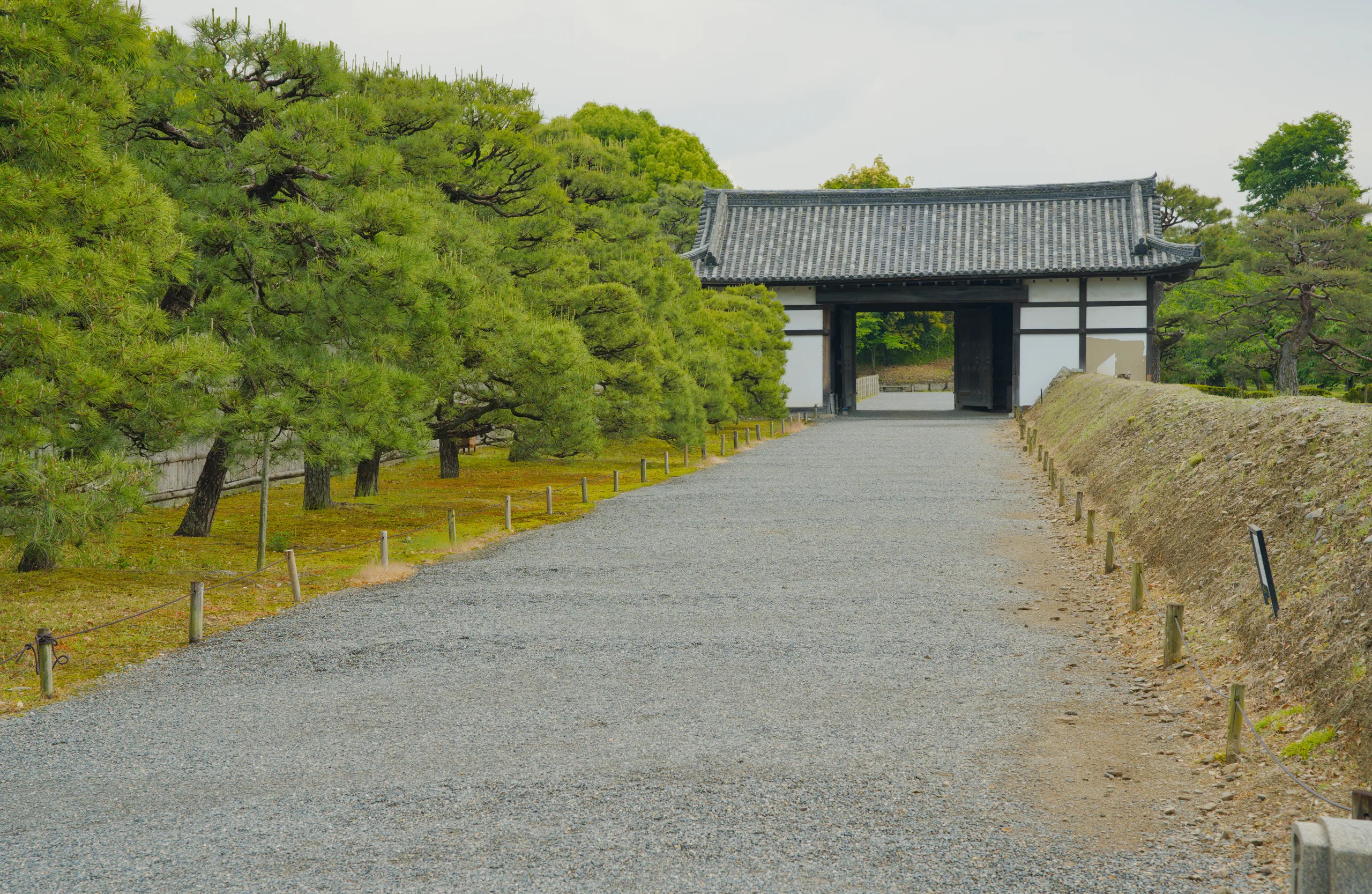 Gravel pathway lined with yellow posts and manicured hedges leading to a timber-framed temple gate.