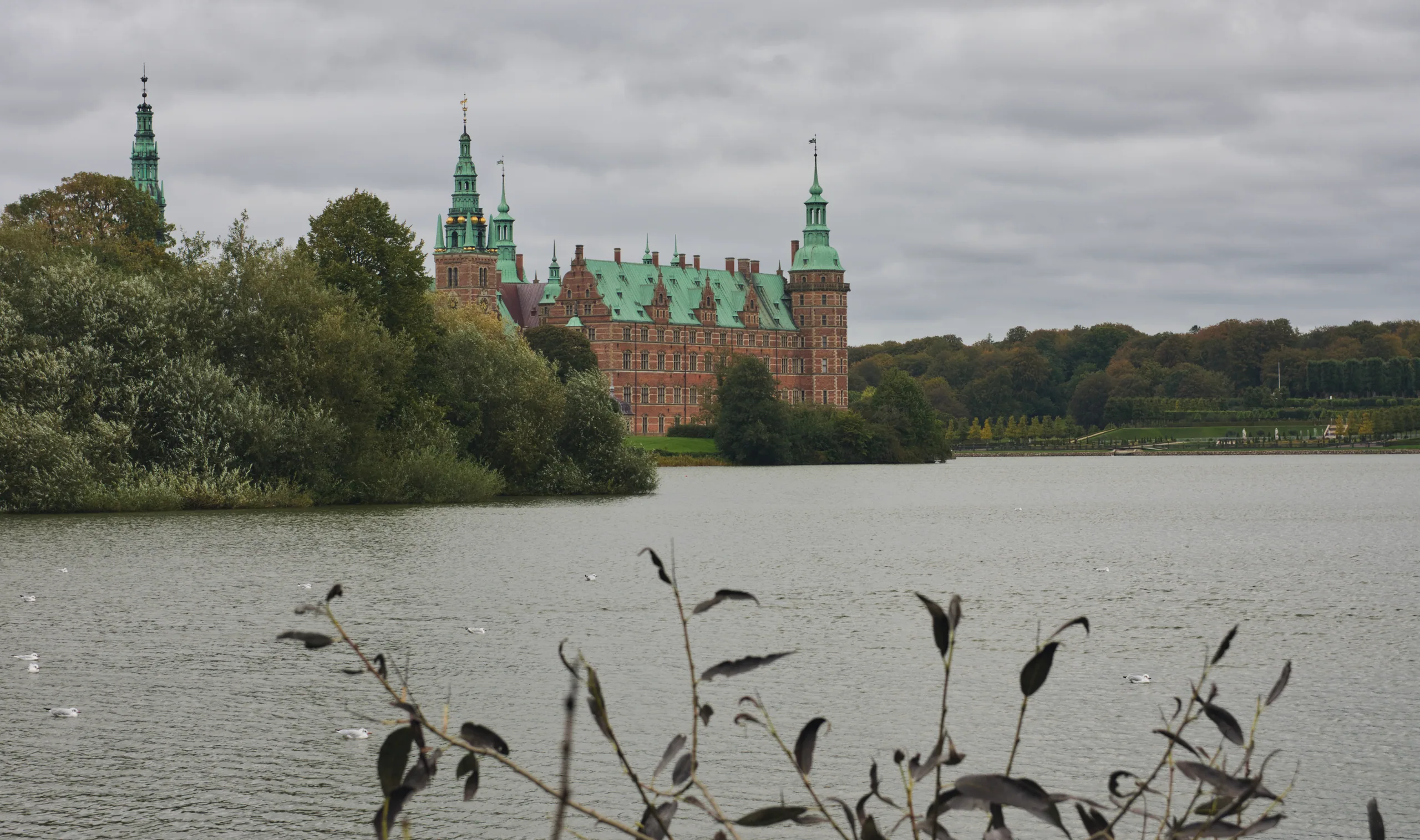 Frederiksborg Castle seen across the lake, its copper-green spires above the treeline, bare seedheads in the foreground.