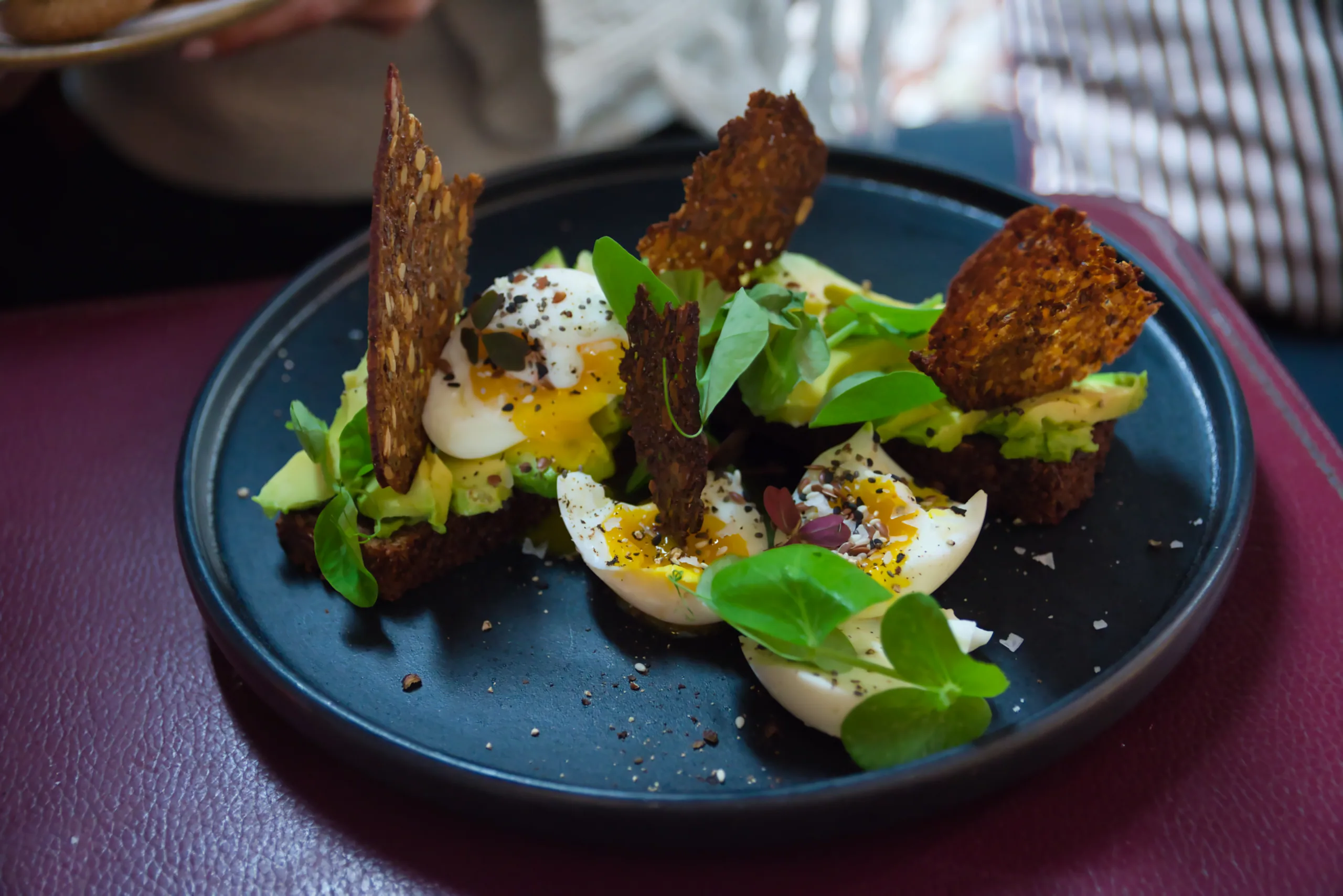 A plate of soft-boiled eggs with avocado, herbs and shards of crispbread standing upright in it.