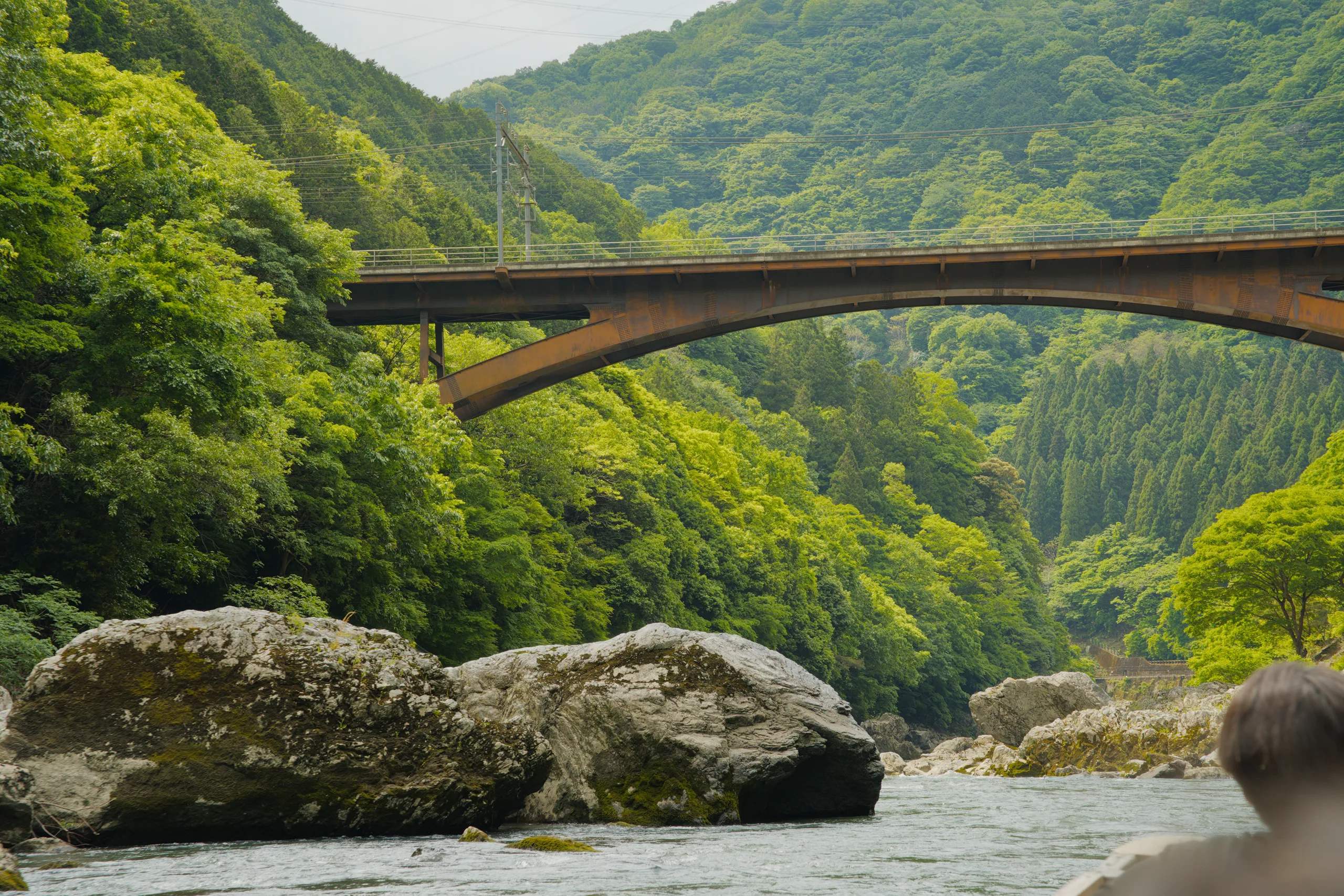 A rust-colored arch bridge spans a densely forested valley.