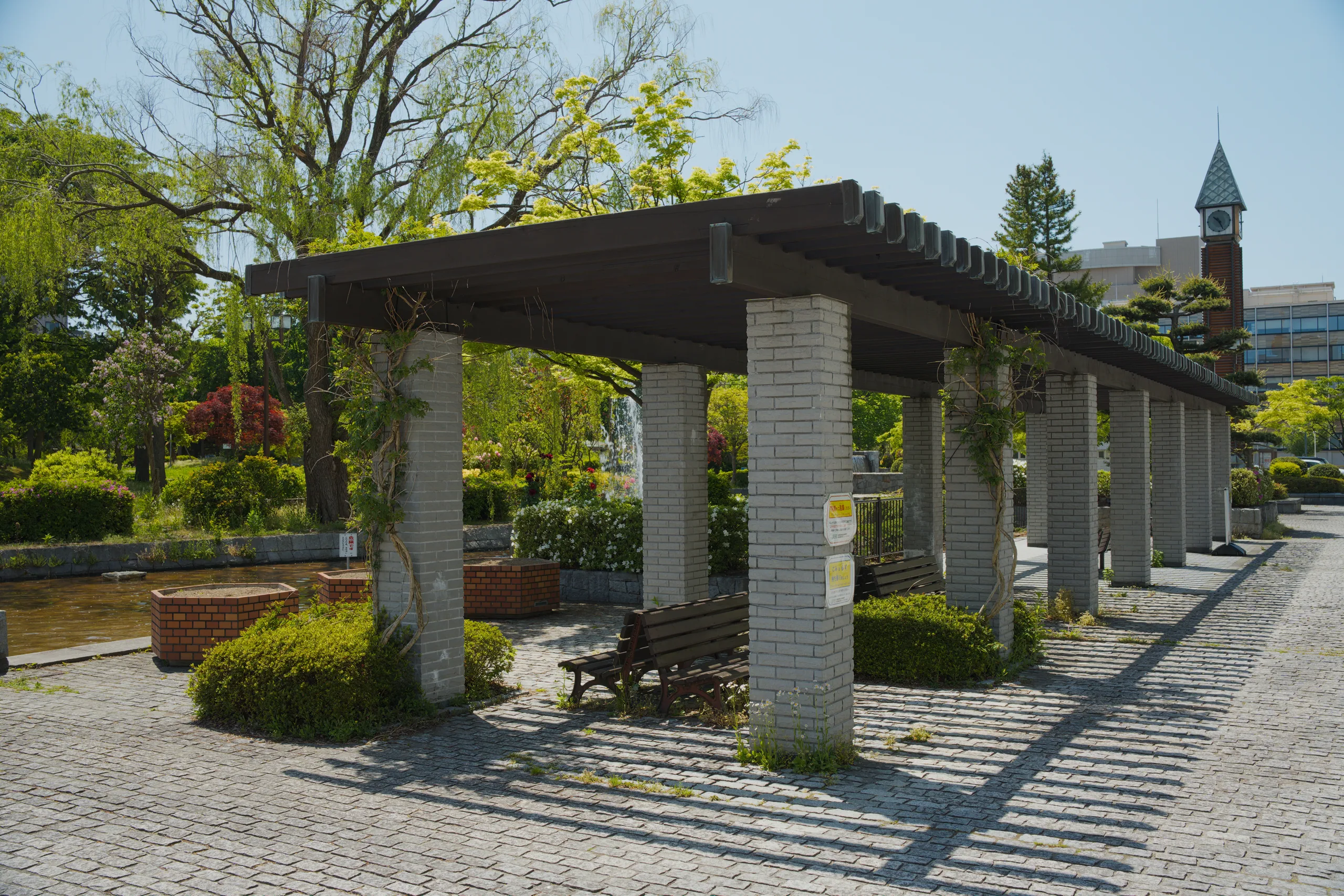A pergola with concrete pillars and dark roof creates a shaded walkway over geometric stone paving.
