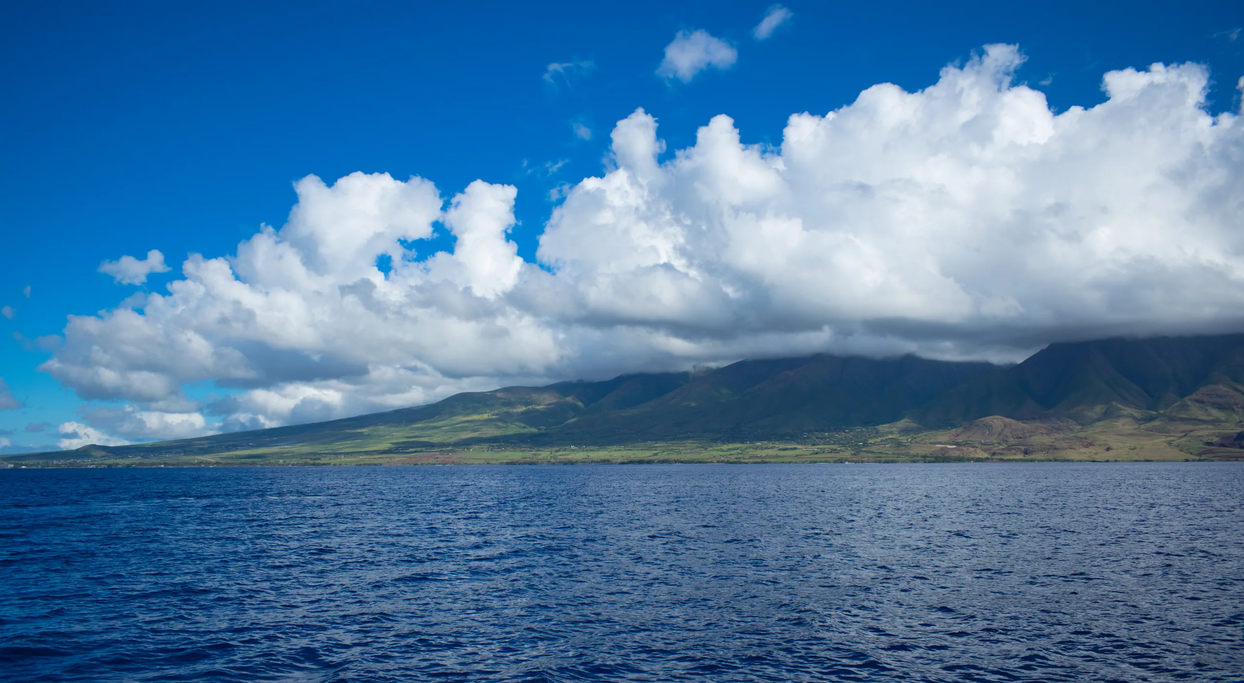 A long island ridge under a bank of tall white cumulus, seen across deep blue open water.
