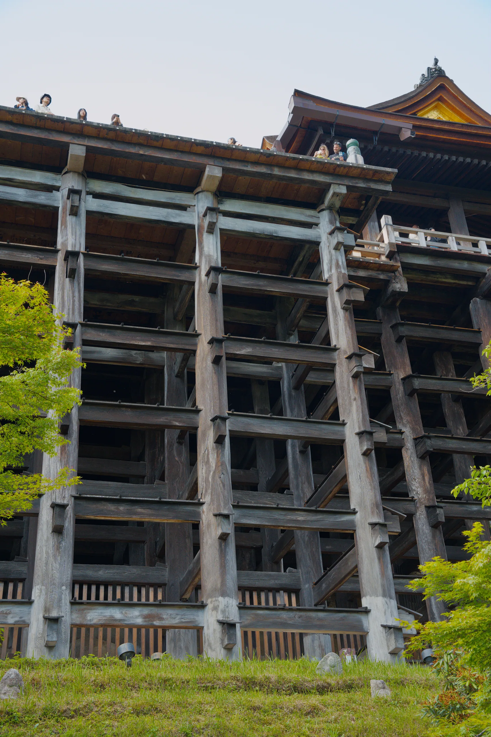 Weathered wooden beams and horizontal railings form the base of a temple structure, with moss growth at ground level.