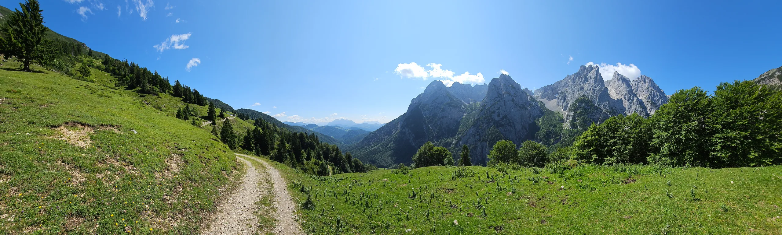 A track climbing a grassy alpine slope with the jagged Wetterstein peaks on the skyline.