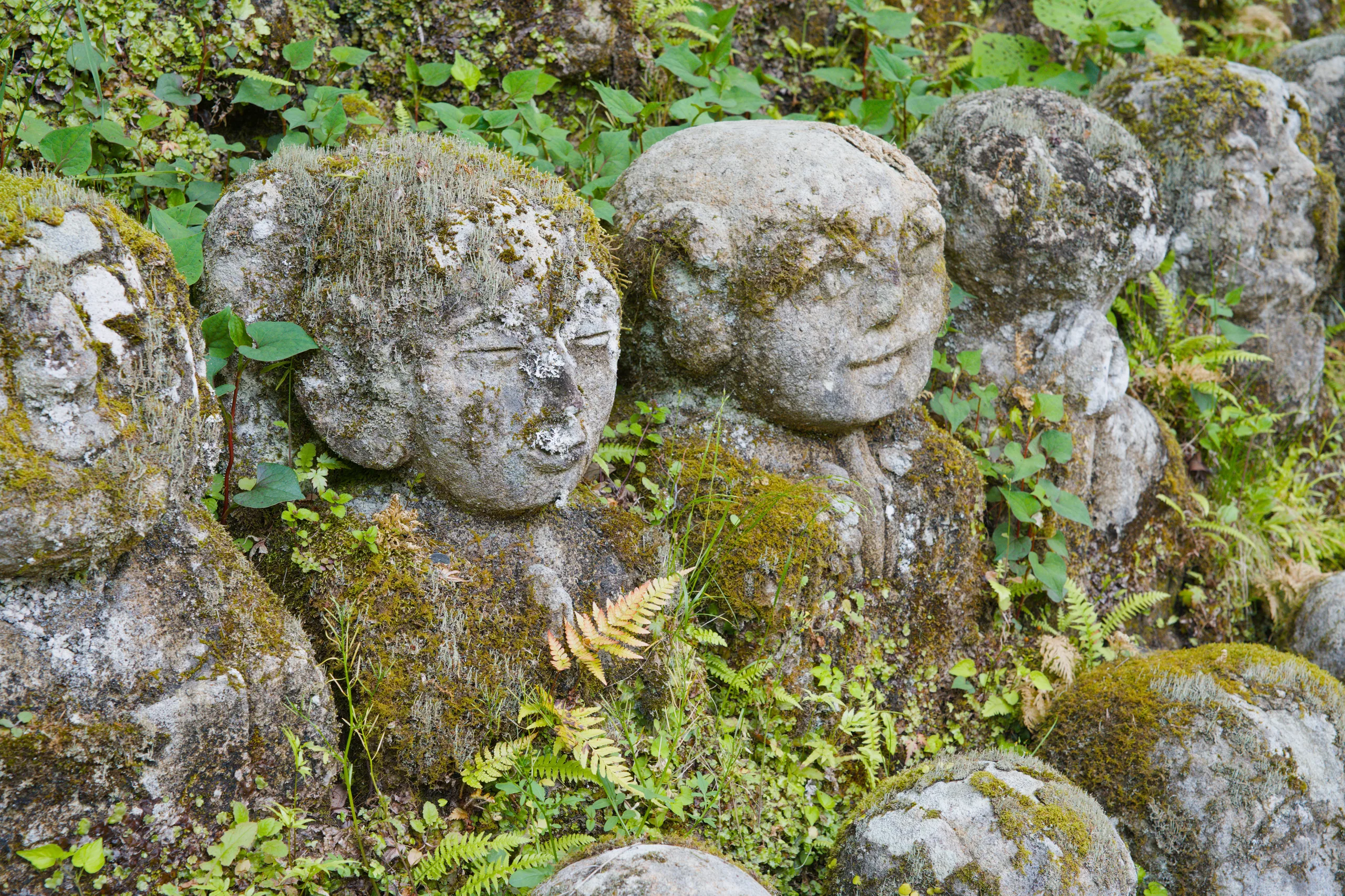 Stone statues with moss coverage and ivy climbing through them in a garden.