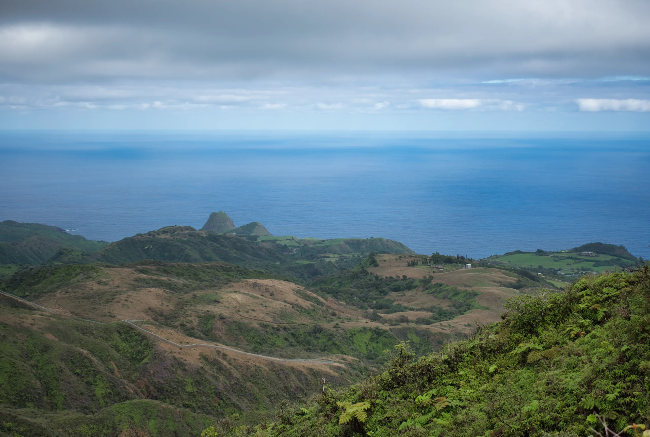A view down over eroded green and brown ridges to a rocky headland and the open sea.