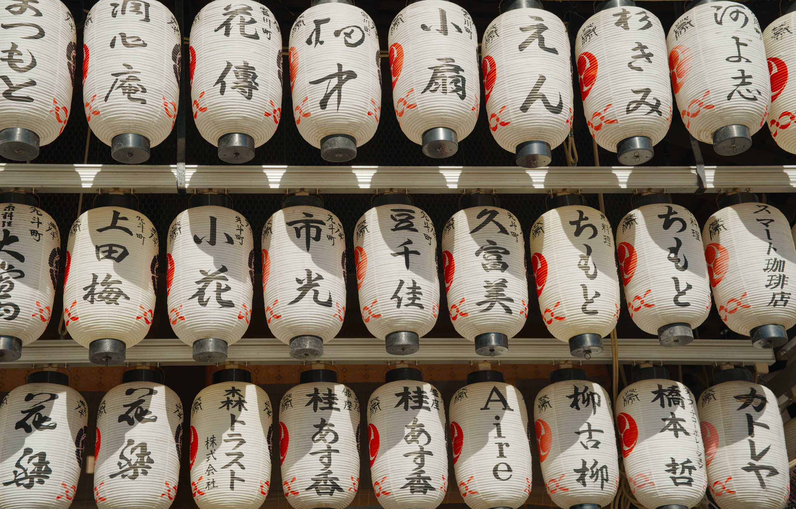 Rows of white paper lanterns inscribed with Japanese characters arranged in a shrine display.