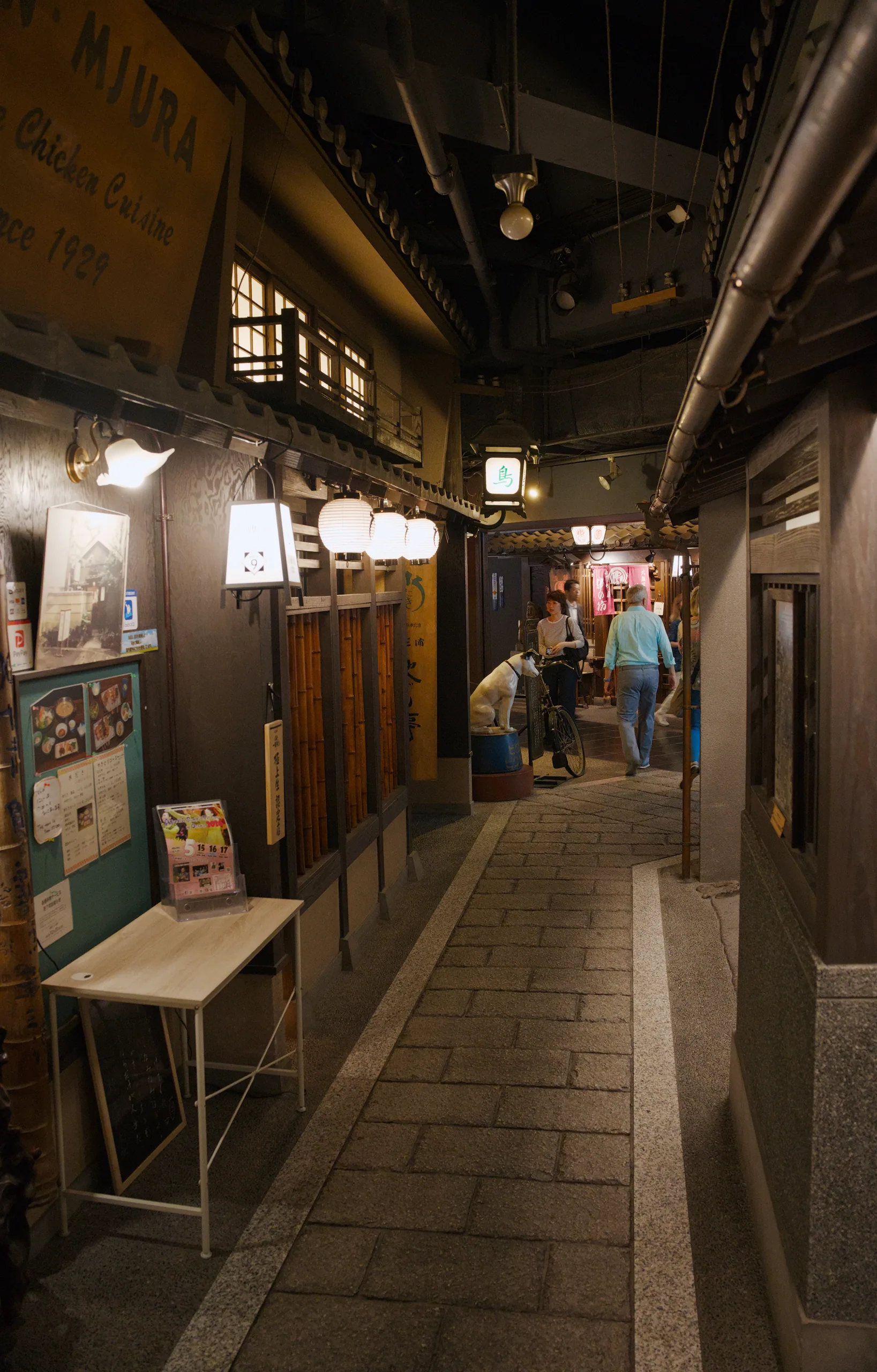 Covered shopping arcade with traditional wooden shop fronts, warm lighting, and a few shoppers walking through.