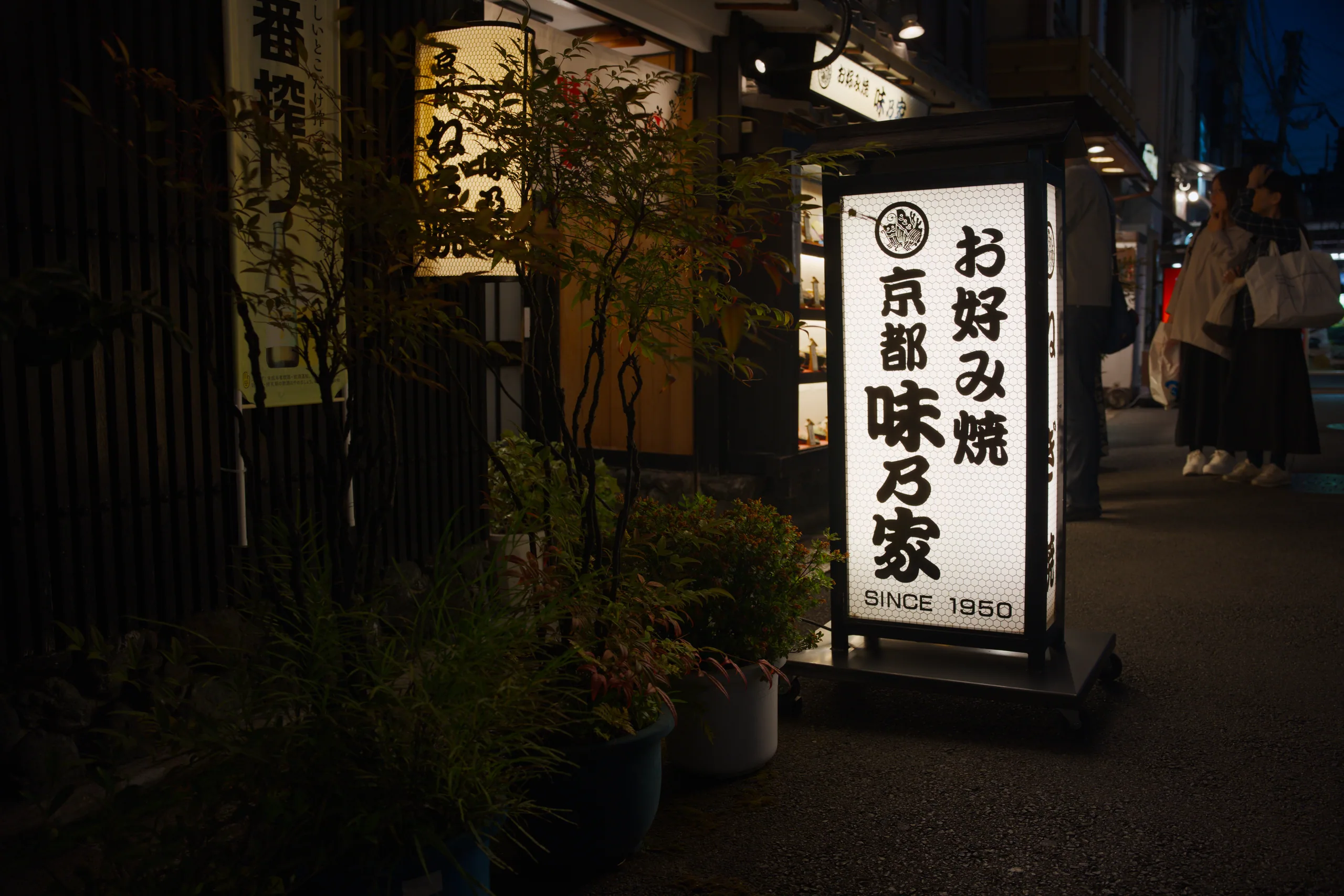 Narrow alley at night with wooden building walls covered in climbing ivy.