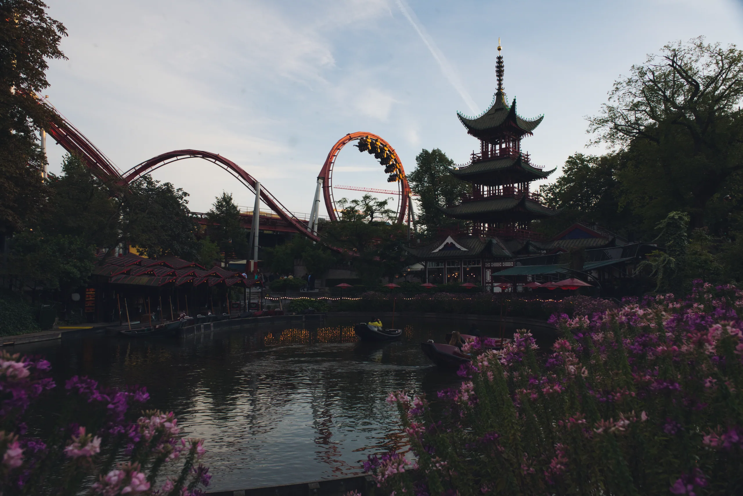Tivoli's lake at dusk with the Chinese pagoda and roller coaster track reflected in it, purple flowers along the near bank.