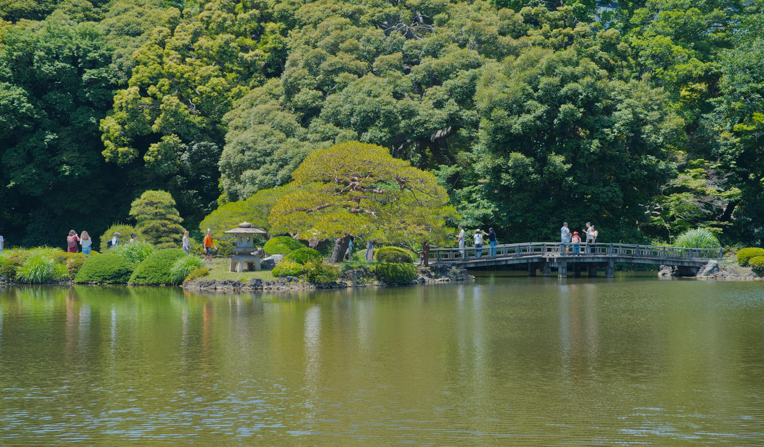Lake with lush green trees, a bridge with people, and reflections in still water.