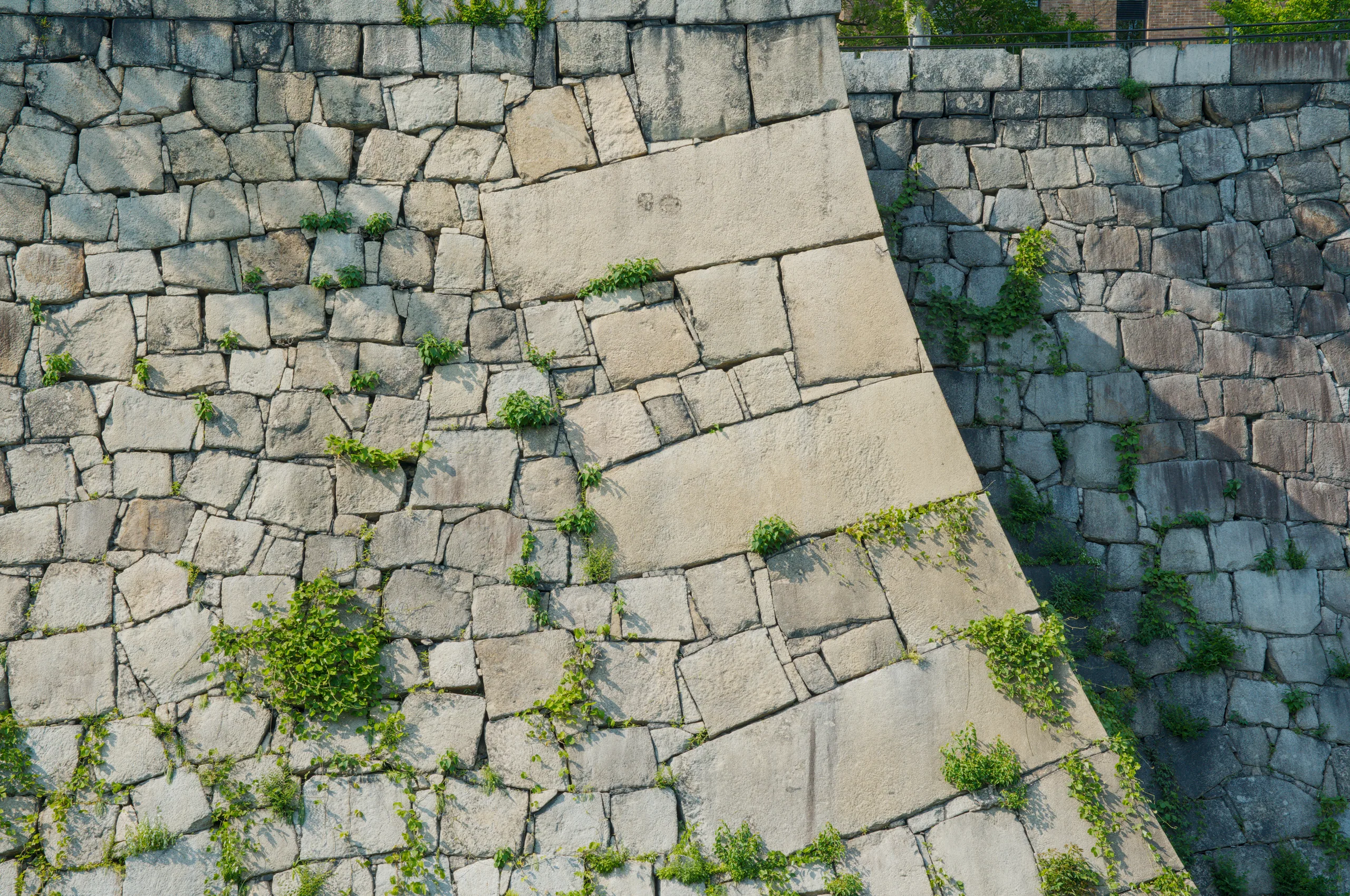Upper fortification walls of stone with crenellations, moss covering much of the weathered masonry.