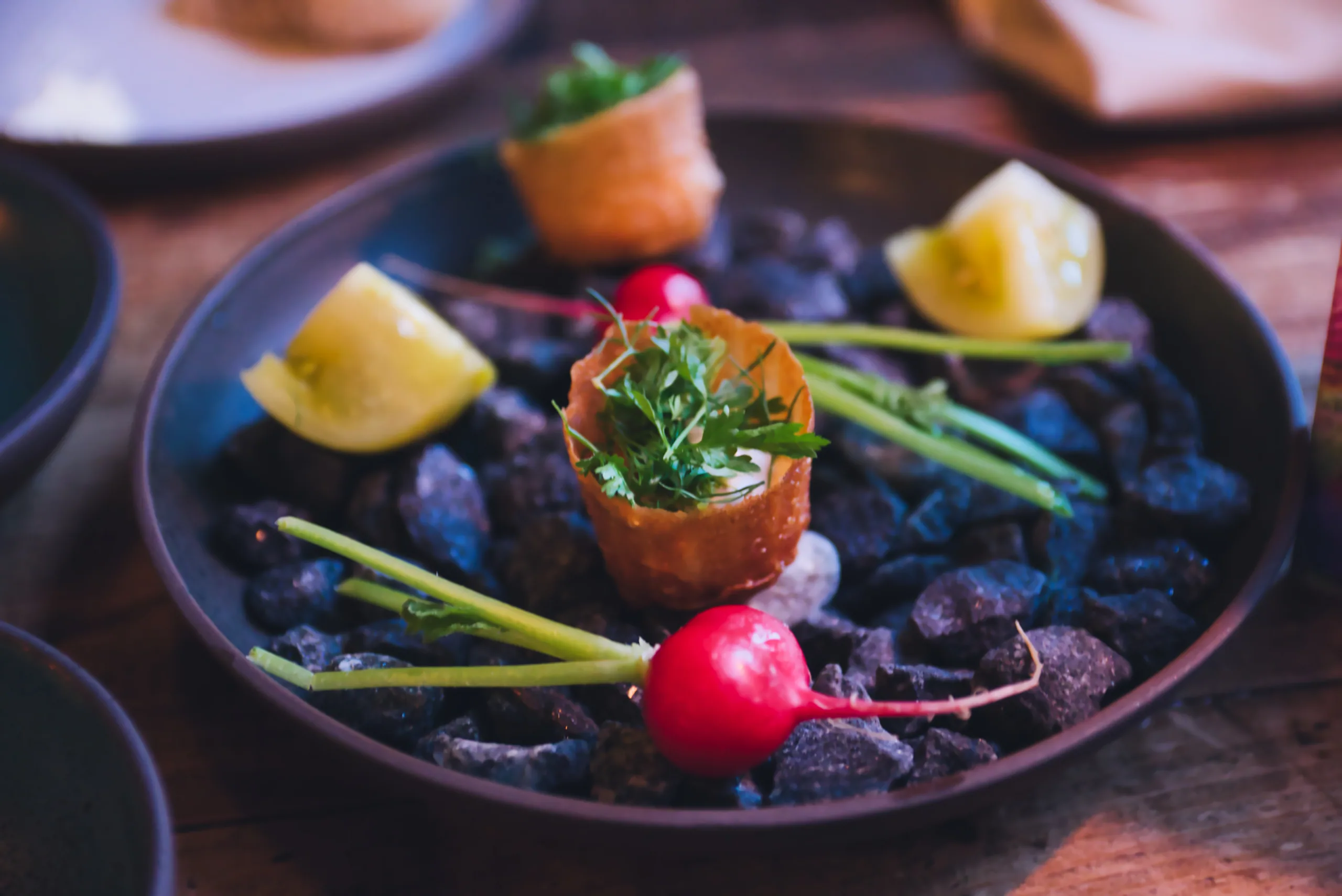 A restaurant dish of salmon rolls, radish and lemon wedges arranged over dark stones in a shallow bowl.