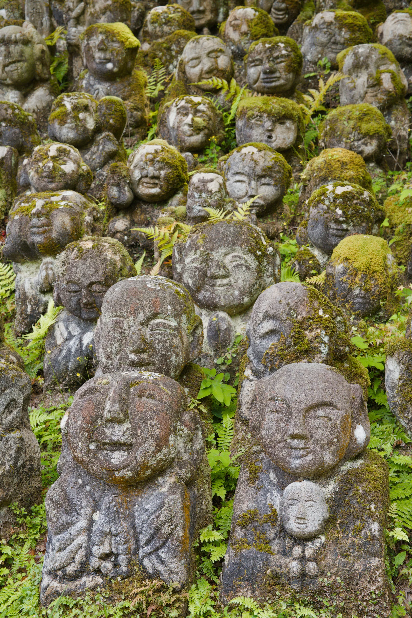 Small stone head sculptures clustered together, aged and overgrown with moss.