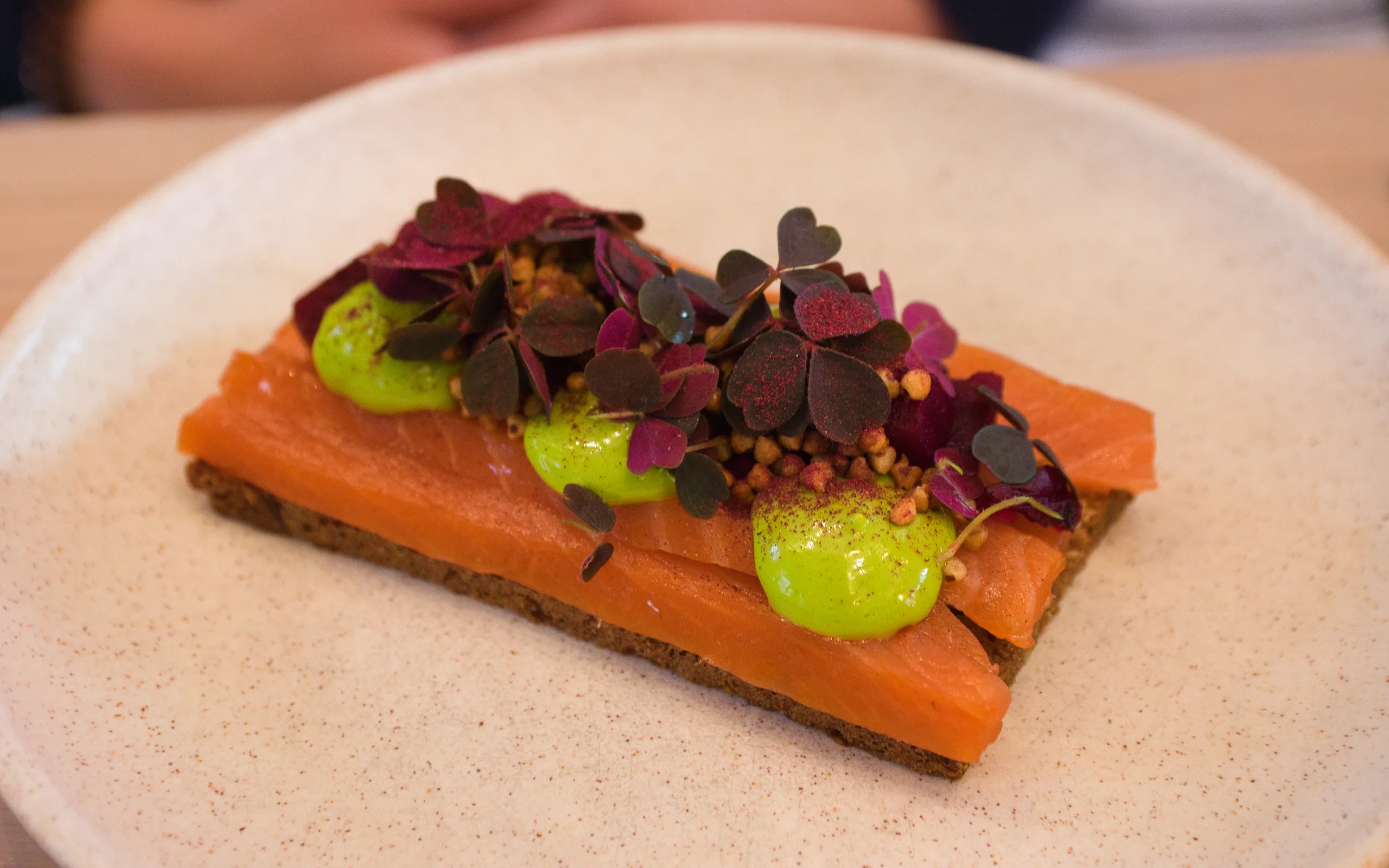 An open sandwich of cured salmon on dark rye with dollops of green puree and red-veined sorrel leaves, on a pale plate.