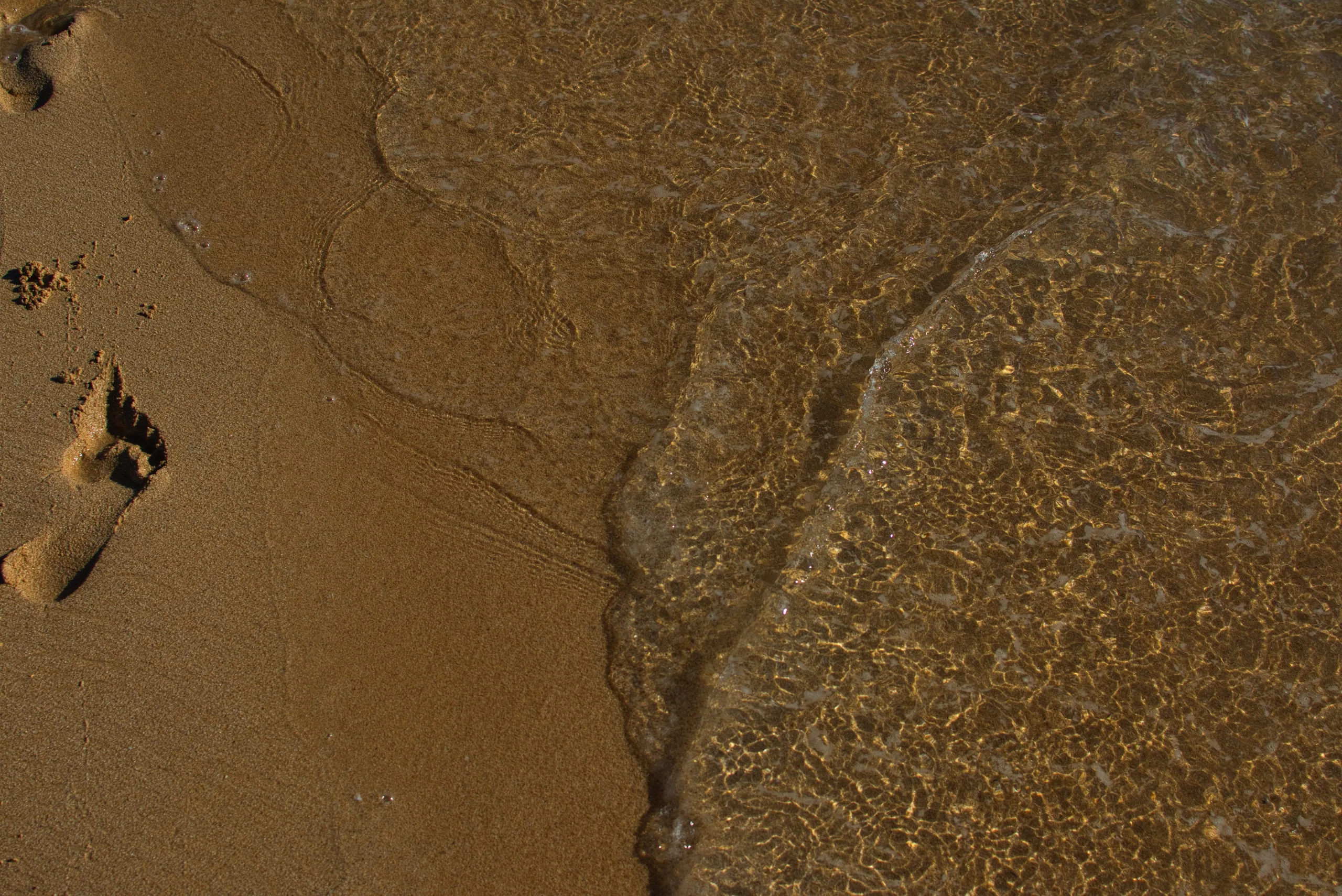 Wet sand at the water's edge with a single footprint, thin sheets of water running back down the slope.