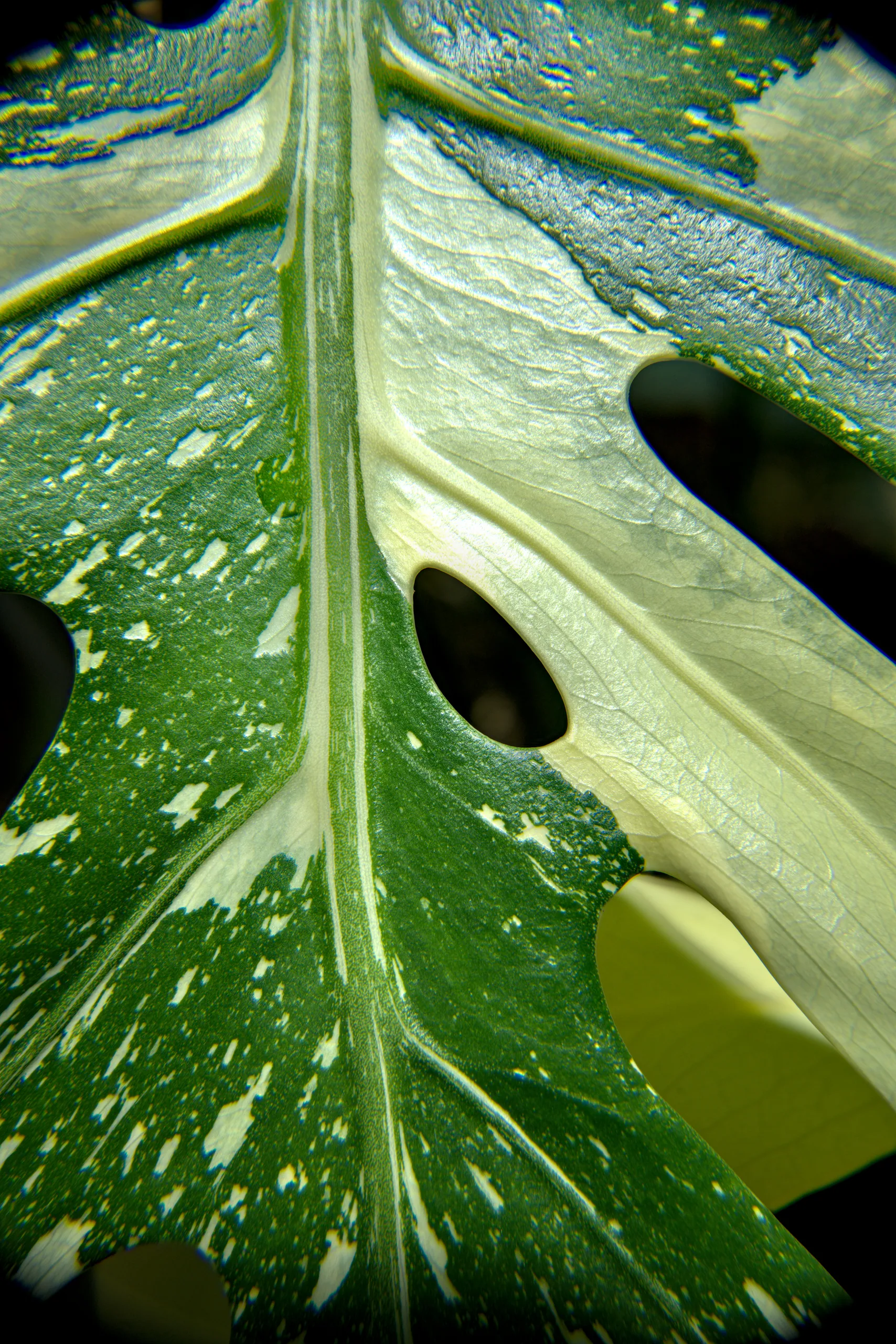 A focus-stacked Thai Constellation leaf, one half green flecked with cream and the other a solid pale sector, sharp across the whole blade.