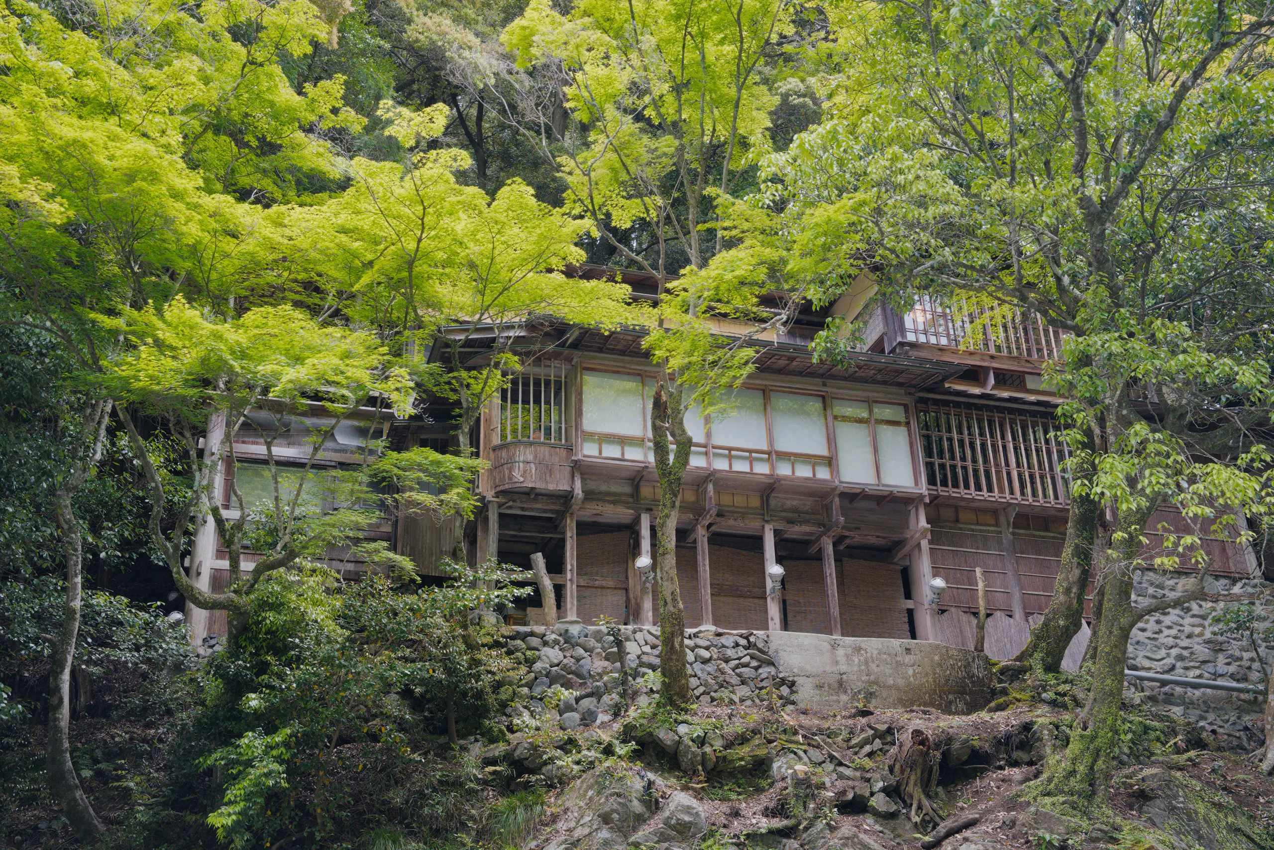 A traditional wooden structure with dark timber framing sits nestled among dense forest trees.
