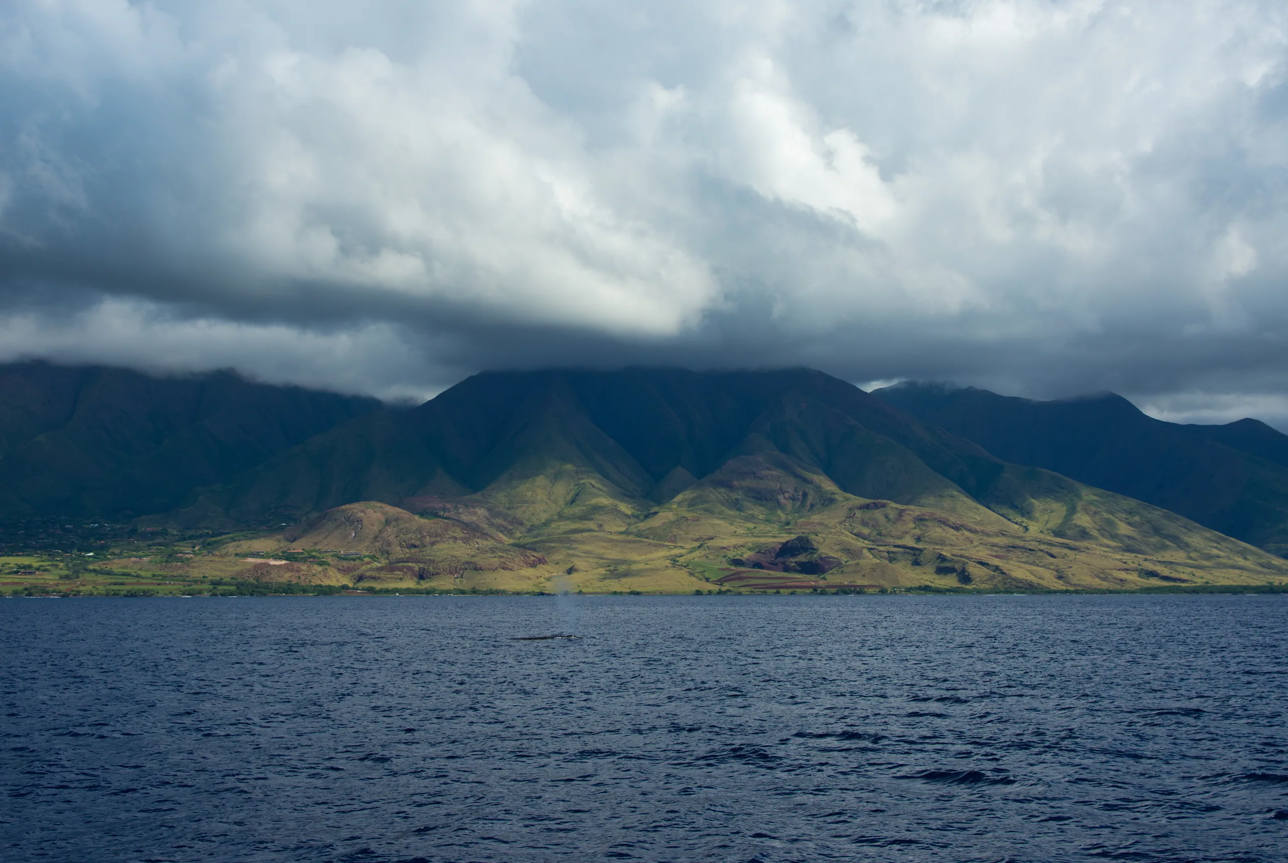 A dark rain cloud sitting low over green ridged mountains, the flat grey sea in the foreground.