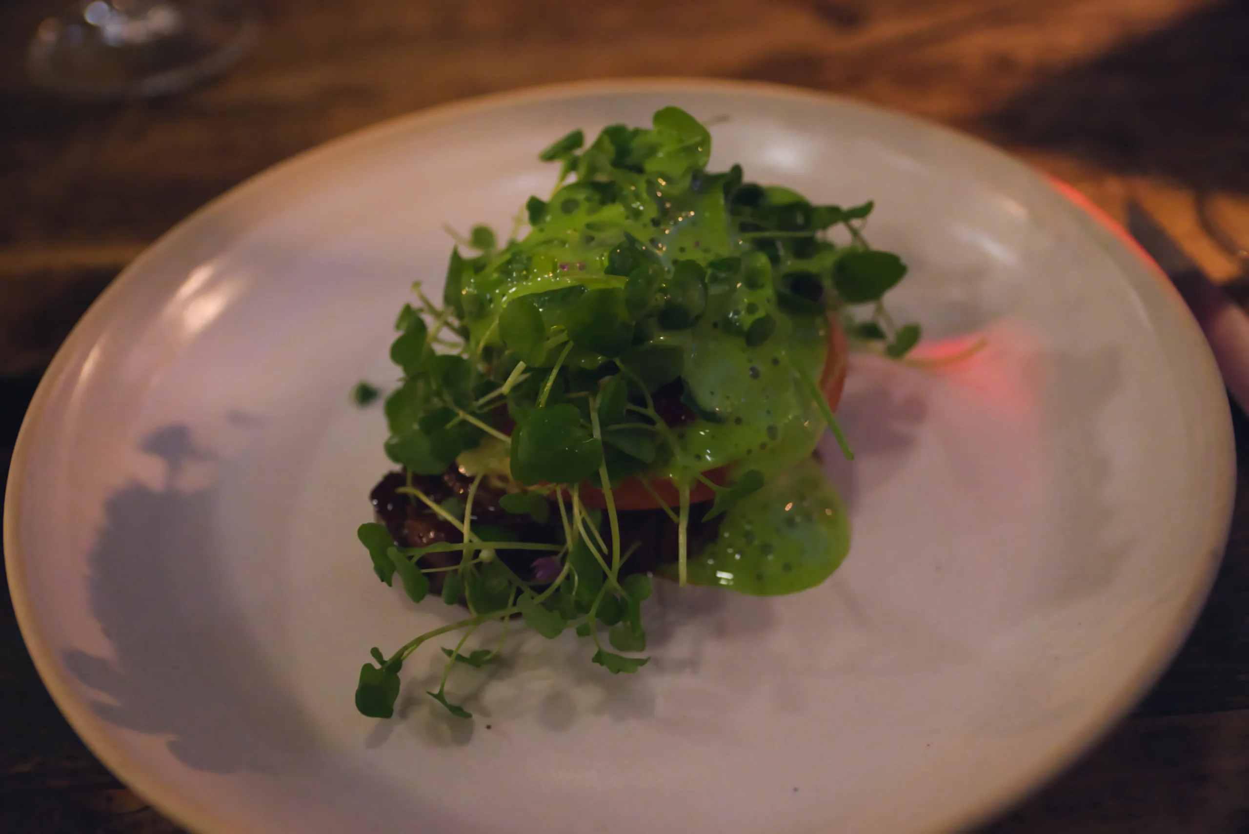 A plated course buried under a mound of microgreens and green oil on a pale ceramic plate.